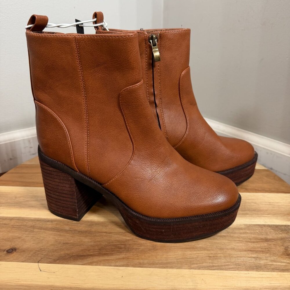 House of Harlow 1960 Festival Platform Booties Cognac 70s Retro Block Heel 6.5M